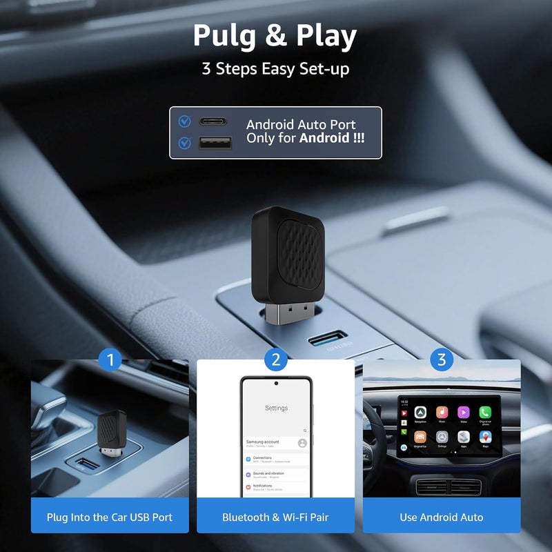 Ayake Wireless Android Auto Adapter, Smallest Mini Edition, Converts Wired to Wireless Android Auto, Plug & Play Adapter, Compact Design for Android 11+ with USB/USB-C Port - Image 4